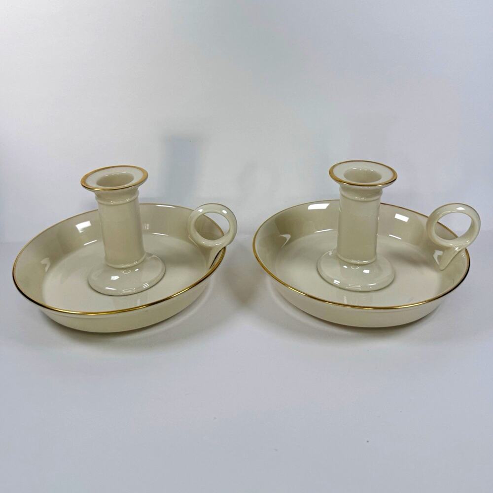 Vintage Lenox Ivory Porcelain Chamberstick Candle Holders Pair 24K Gold Trim USA